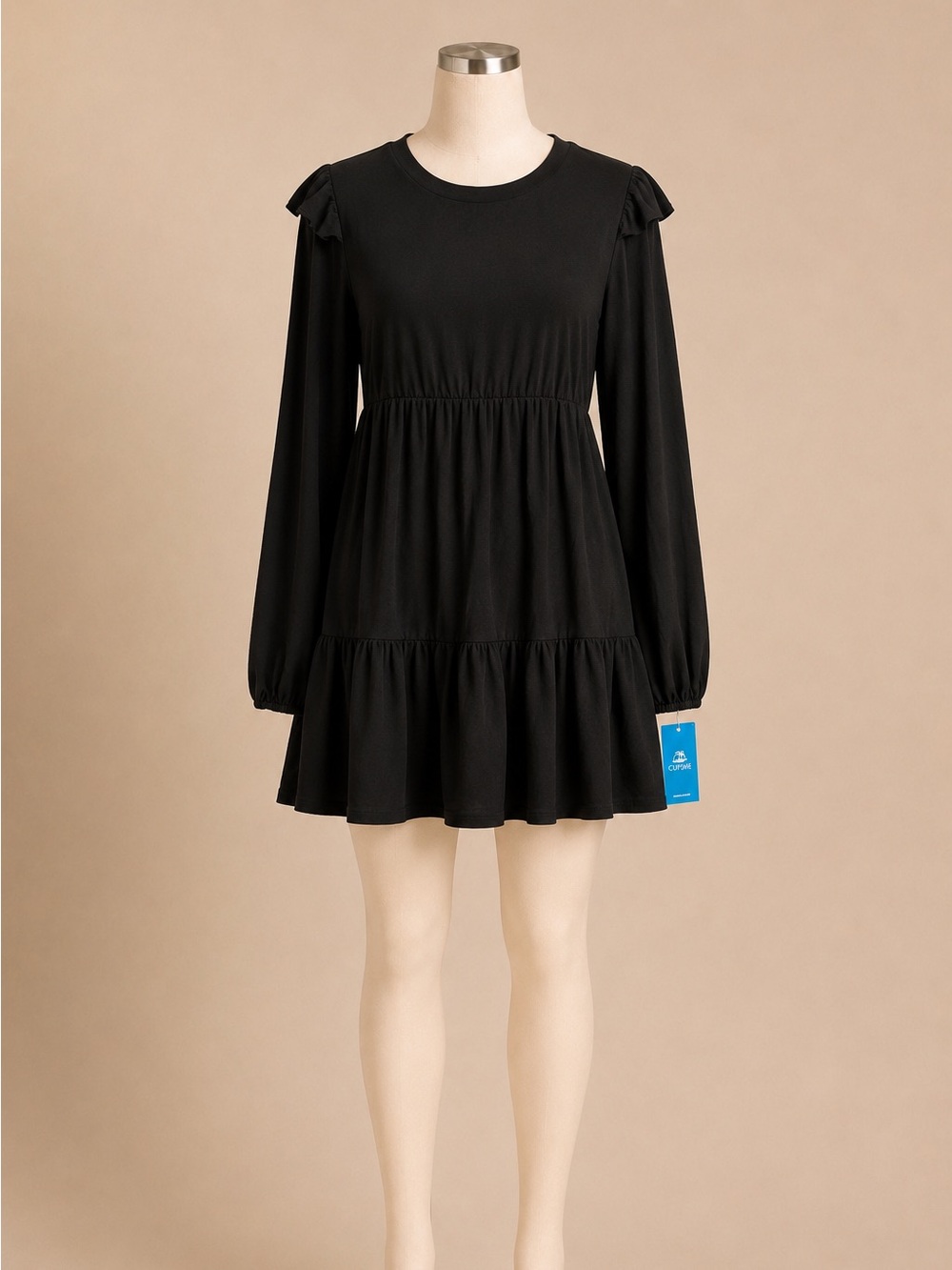 CUPSHE Black Tiered Mini Dress Ruffle Shoulder Long Sleeve Women’s Large